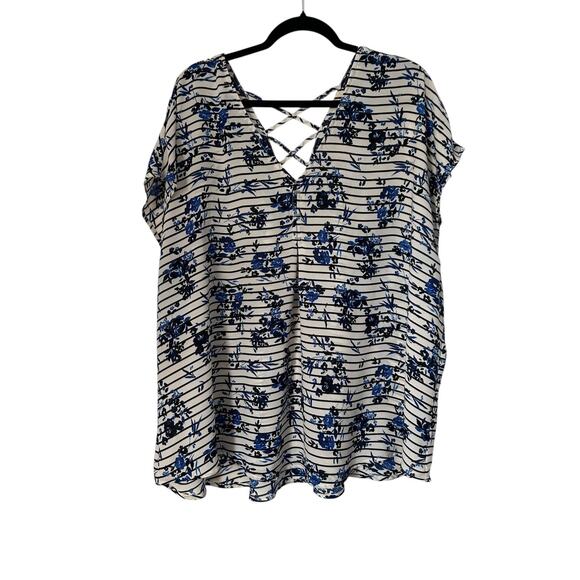 torrid Tops - Torrid Strappy Back Top Womens 3 3X Blue White Floral Striped Pullover Blouse